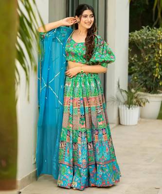 Sea Green Color Ethnic And Graceful Ceremonial Wear Printed Lehenga 3