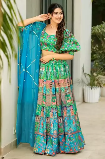 Sea Green Color Ethnic And Graceful Ceremonial Wear Printed Lehenga