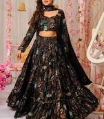 Black Color Air Tex Chinon Fabric Glamorous Ethnic Crop Top Lehenga For Trendy Looks