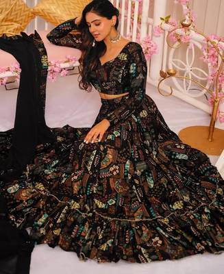 Black Color Air Tex Chinon Fabric Glamorous Ethnic Crop Top Lehenga For Trendy Looks 2