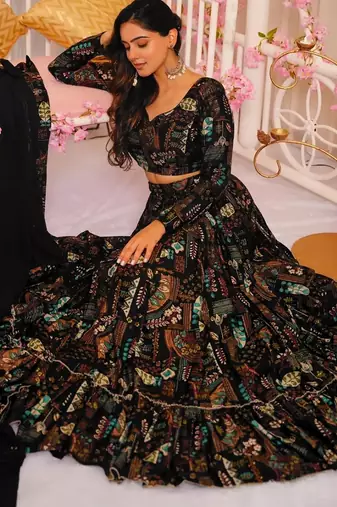 Black Color Air Tex Chinon Fabric Glamorous Ethnic Crop Top Lehenga For Trendy Looks