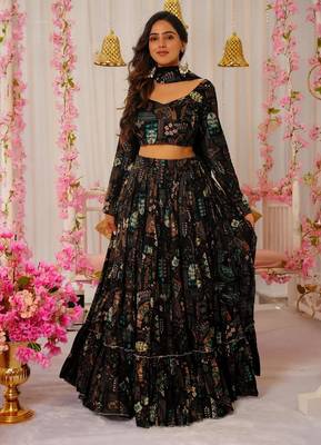 Black Color Air Tex Chinon Fabric Glamorous Ethnic Crop Top Lehenga For Trendy Looks 3