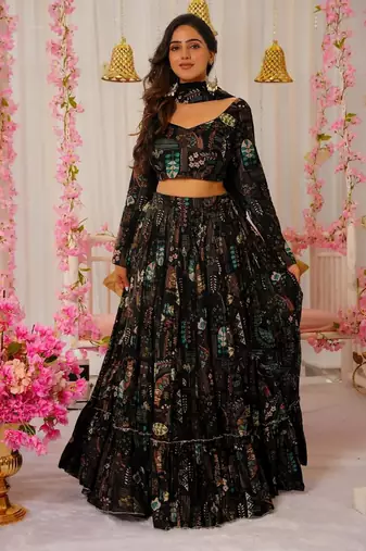 Black Color Air Tex Chinon Fabric Glamorous Ethnic Crop Top Lehenga For Trendy Looks