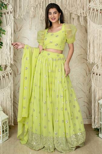 Neon Color Georgette Fabric Heavy Wedding Wear Bridesmaid Style Lehenga Choli