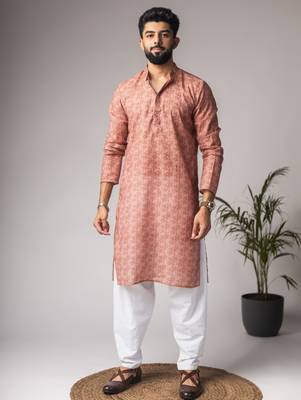Rust color blended linen fabric printed festive wear men's kurta payjama 1