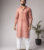 Rust color blended linen fabric designer printed festive wear men's kurta payjama