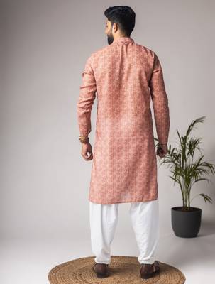Rust color blended linen fabric printed festive wear men's kurta payjama 2