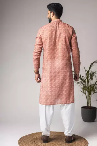 Rust color blended linen fabric printed festive wear men's kurta payjama