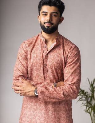 Rust color blended linen fabric printed festive wear men's kurta payjama 3