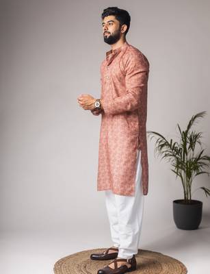 Rust color blended linen fabric printed festive wear men's kurta payjama 4