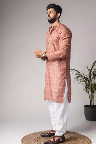Rust color blended linen fabric printed festive wear men's kurta payjama