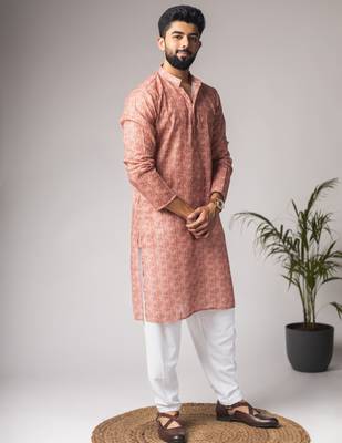 Rust color blended linen fabric printed festive wear men's kurta payjama 5