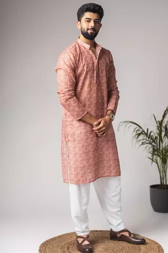 Rust color blended linen fabric printed festive wear men's kurta payjama
