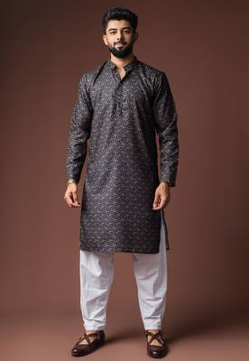 Black color blended linen fabric printed festive wear men's kurta payjama 1