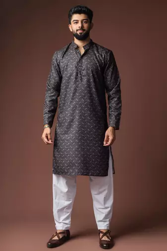 Black color blended linen fabric designer printed festive wear men's kurta payjama