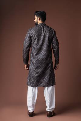 Black color blended linen fabric printed festive wear men's kurta payjama 2
