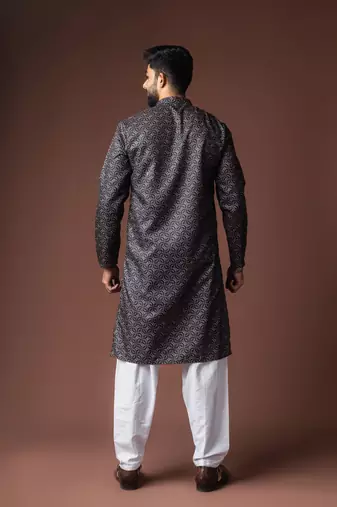 Black color blended linen fabric printed festive wear men's kurta payjama