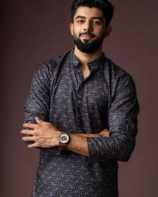 Black color blended linen fabric printed festive wear men's kurta payjama 3