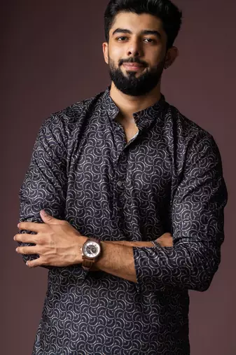 Black color blended linen fabric printed festive wear men's kurta payjama