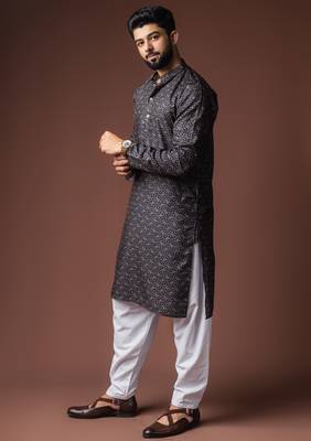 Black color blended linen fabric printed festive wear men's kurta payjama 4