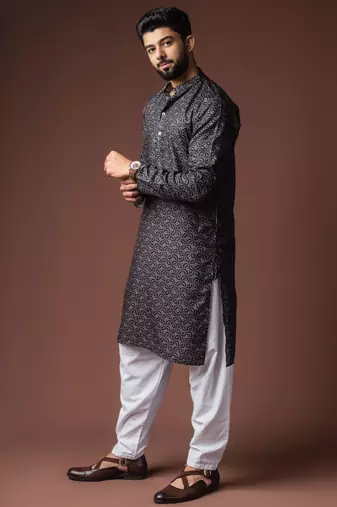 Black color blended linen fabric printed festive wear men's kurta payjama