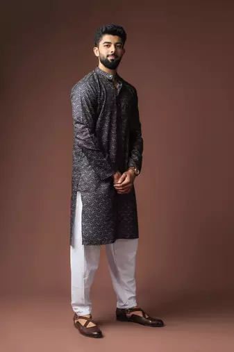 Black color blended linen fabric printed festive wear men's kurta payjama