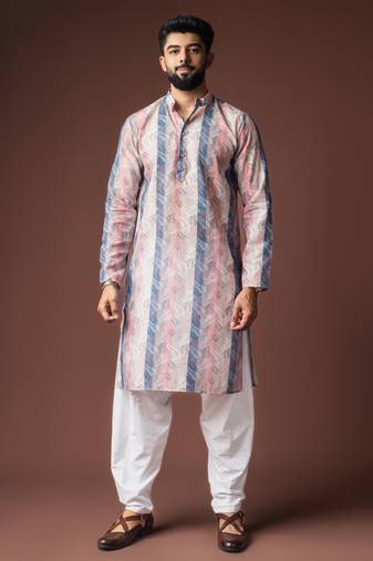 Multy color blended linen fabric designer printed festive wear men's kurta payjama