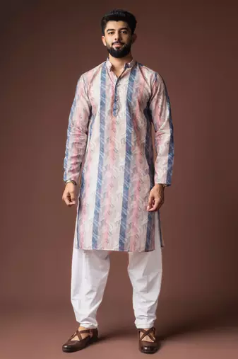 Multy color blended linen fabric designer printed festive wear men's kurta payjama