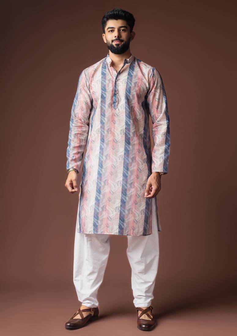 Multy color blended linen fabric designer printed festive wear men's kurta payjama