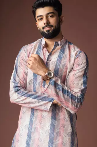 Multy color blended linen fabric printed festive wear men's kurta payjama
