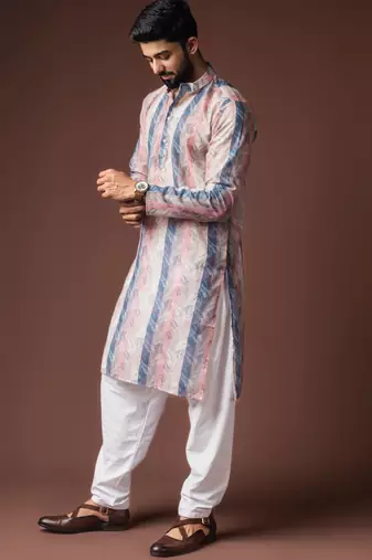 Multy color blended linen fabric printed festive wear men's kurta payjama