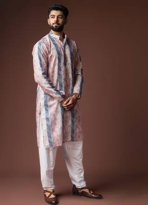Multy color blended linen fabric printed festive wear men's kurta payjama 5