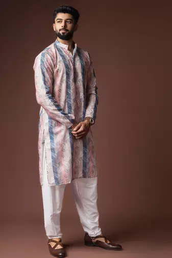 Multy color blended linen fabric printed festive wear men's kurta payjama
