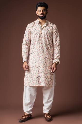 White color blended linen fabric designer printed festive wear men's kurta payjama