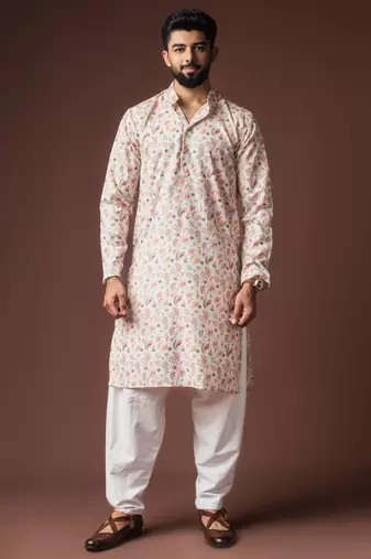 White color blended linen fabric designer printed festive wear men's kurta payjama
