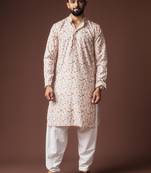 White color blended linen fabric designer printed festive wear men's kurta payjama