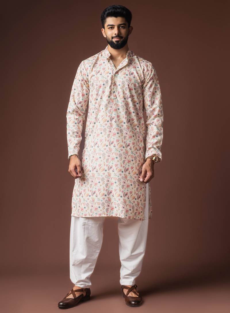 White color blended linen fabric designer printed festive wear men's kurta payjama