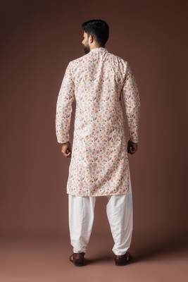 White color blended linen fabric printed festive wear men's kurta payjama 2