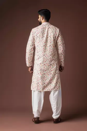 White color blended linen fabric printed festive wear men's kurta payjama