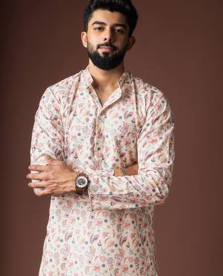 White color blended linen fabric printed festive wear men's kurta payjama 3