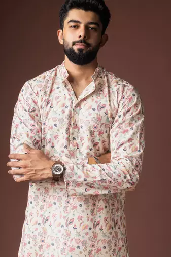 White color blended linen fabric printed festive wear men's kurta payjama