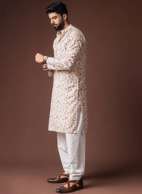 White color blended linen fabric printed festive wear men's kurta payjama 4