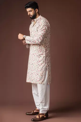 White color blended linen fabric printed festive wear men's kurta payjama