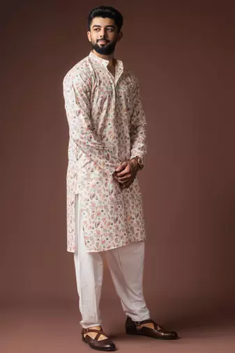 White color blended linen fabric printed festive wear men's kurta payjama