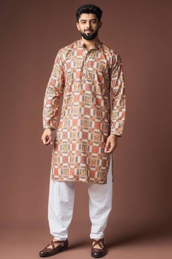 Multy color blended linen fabric designer printed festive wear men's kurta payjama