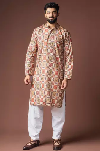 Multy color blended linen fabric designer printed festive wear men's kurta payjama