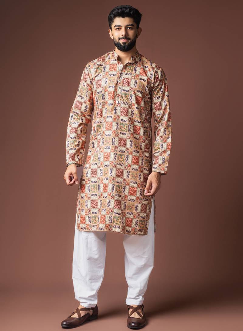 Multy color blended linen fabric designer printed festive wear men's kurta payjama