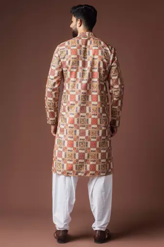Multy color blended linen fabric printed festive wear men's kurta payjama