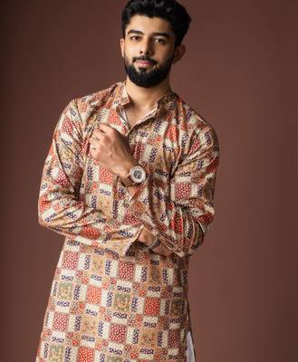 Multy color blended linen fabric printed festive wear men's kurta payjama 3