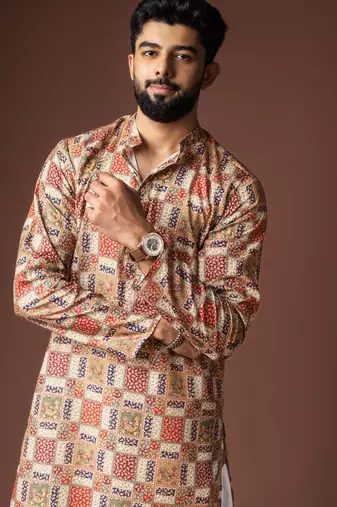 Multy color blended linen fabric printed festive wear men's kurta payjama